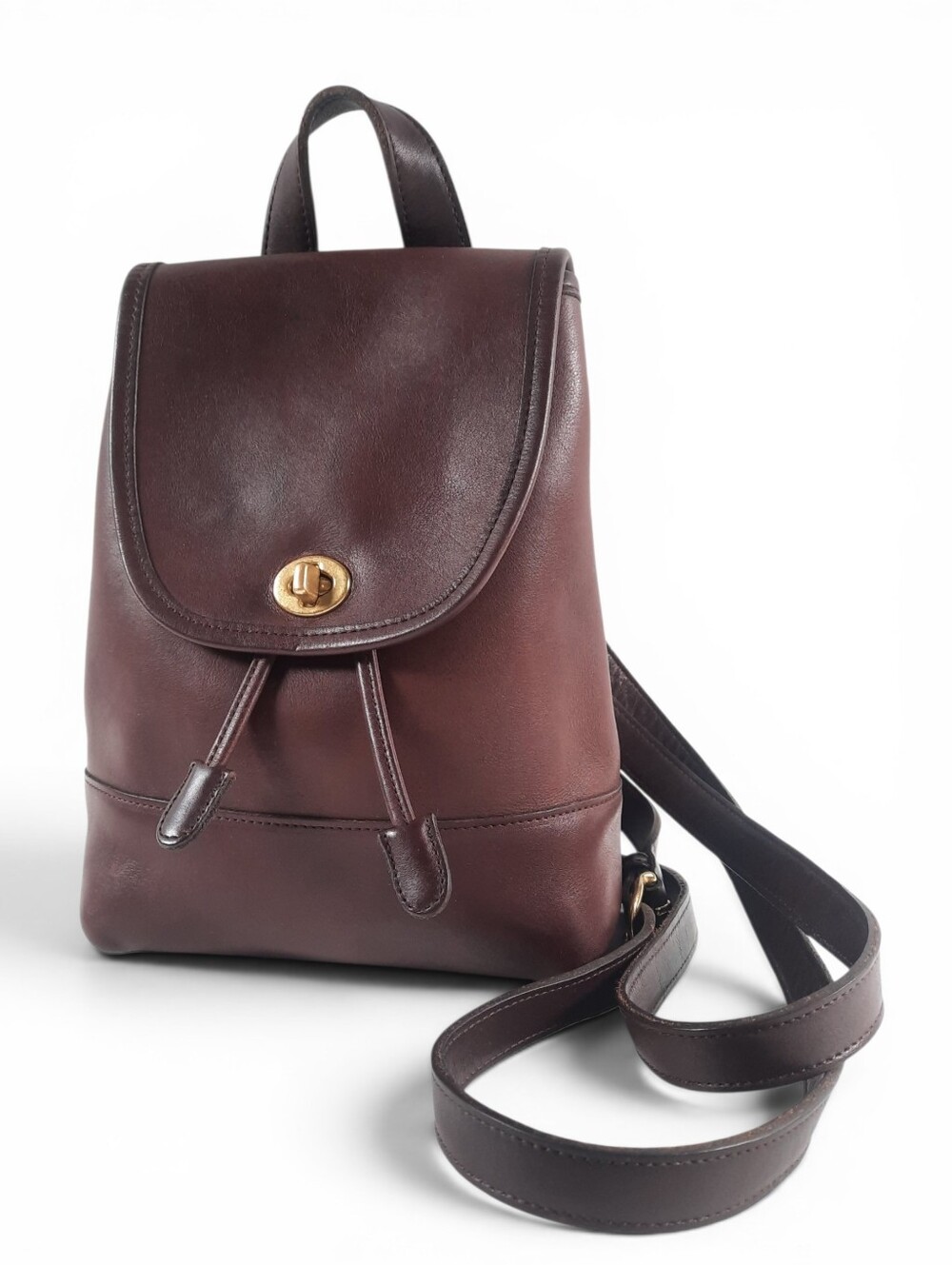 '98 COACH Turnlock Drawstring Backpack Glove Tanned Leather Mahogany Vtg - Picture 4 of 16